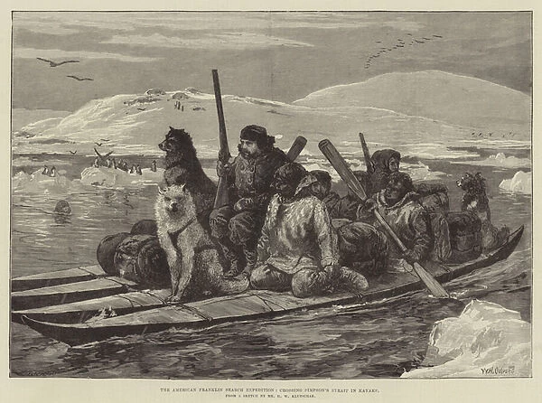 The American Franklin Search Expedition, crossing Simpsons Strait in Kayaks (engraving)
