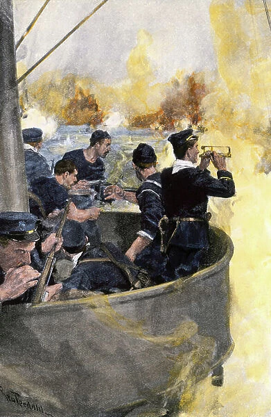 American Hispano War (1898): the battle seen from the platform of the American warship USS 'Indiana', during the Battle of Santiago de Cuba. Coloured illustration of the 19th century