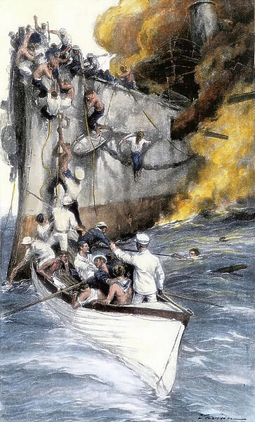 American Hispano War (1898): the sailors of the Spanish warship '' Oquendo'', saved by the crew of the American ship USS '' Gloucester', off Santiago de Cuba. Colour illustration, 19th century