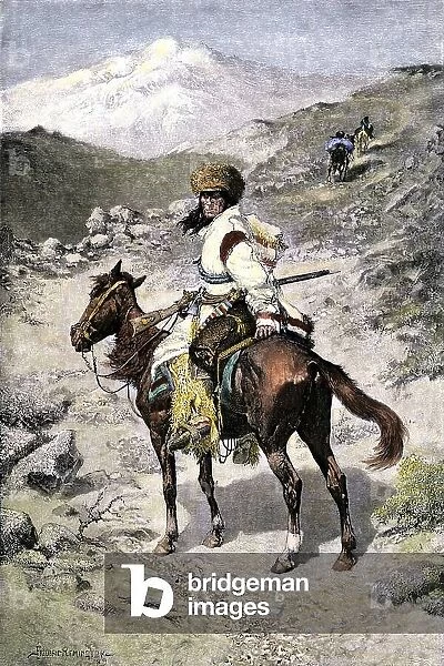 American Indian trapper in the Rocky Mountains of the Northwest United States. Coloring engraving by Frederic Remington, 19th century