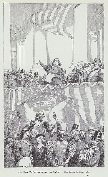 American satire predicting the future dominance of women in society, 1897 (litho)