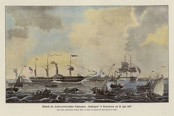 American steamship Washington arriving at Bremerhaven, Germany, 1847 (colour litho)