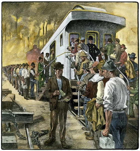 American steel workers (metallurgists, steelworkers) lined up, waiting for their pay, in front of the Homestead Works settlement wagon in 1901 - Colorized engraving of an illustration