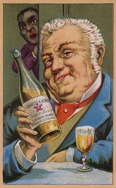 American trade card advertising Charles A King lager beer, Boston, Massachusetts (colour litho)