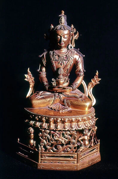 Amitaba Buddha in his manifestation of boundless life sitting holding a vessel containing the nectar of immortality. 18th century (Tibetan bronze sculpture)