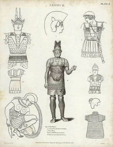 Ancient armour from Denon (1, 2), from the Tuscan Gallery (3, 4, 8, 9a), from a gem (5), from Sir William Hamilton's vases (6) and a bronze in the British Museum (8). Copperplate engraving by Milton after a drawing by I