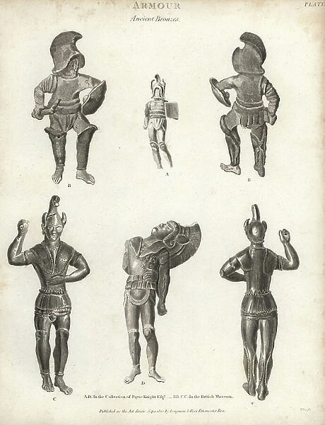 Ancient bronzes of warriors in armour from the collection of Peter Knight. (A, D) and in the British Museum (B, C). Copperplate engraving by Milton from Abraham Rees Cyclopedia or Universal Dictionary of Arts, Sciences and Literature, Longman