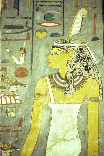 Ancient Egypt, Carving / Painting, Tomb of Rameses I, Thebes, The Goddess Maat, Goddess of truth and justice, with ostrich feather (photo)