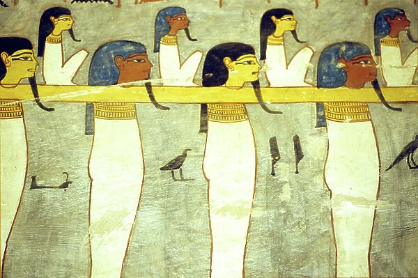 Ancient Egypt, Painting, Gods of the underworld tethered to Hathor, divine cow, towing the solar barque, Tomb of Rameses I, Thebes, 19th Dyn, Valley of the Kings (photo)