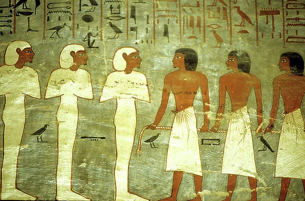 Ancient Egypt, Painting, Tomb of Rameses I, Three mummiform Gods, three Gods towing the solar barque, 19th Dyn, Valley of the Kings (photo)