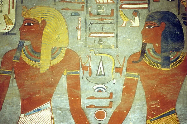 Ancient Egypt, Painting, Tomb of Rameses I, Rameses I with the God Harsiesis, 19th Dyn, Thebes, Valley of the Kings (photo)