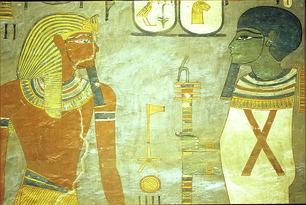 Ancient Egypt, Wall painting, Tomb of Rameses I, Valley of the Kings 19th dynasty, Rameses I before Ptah, God of Creation (photo)