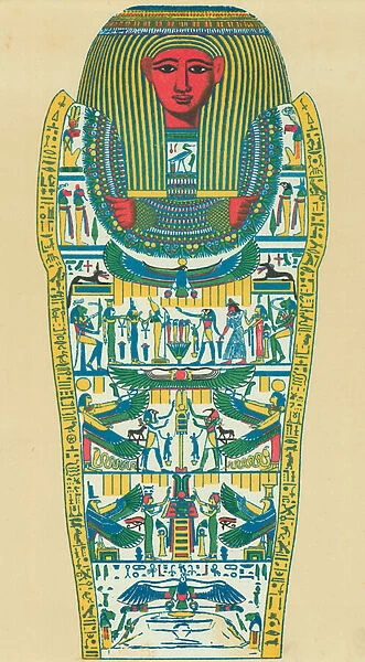 Ancient Egyptian mummy case (colour litho)