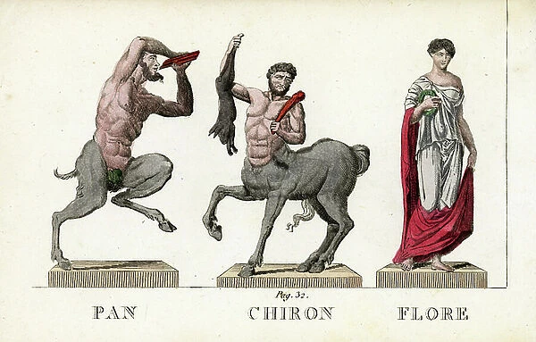 Ancient Mythology: Pan, Chiron and Flora - Eau forte by Jacques Louis Constant Lacerf, based on an illustration by Leonard Defrance (1735-1805), extracted from mythology in fabulous prints or divine figures, circa 1820 - Pan, Chiron and Flora