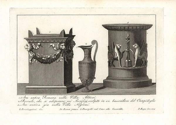 Ancient Roman altars and pitcher used in sacrifices. 1802 (engraving)