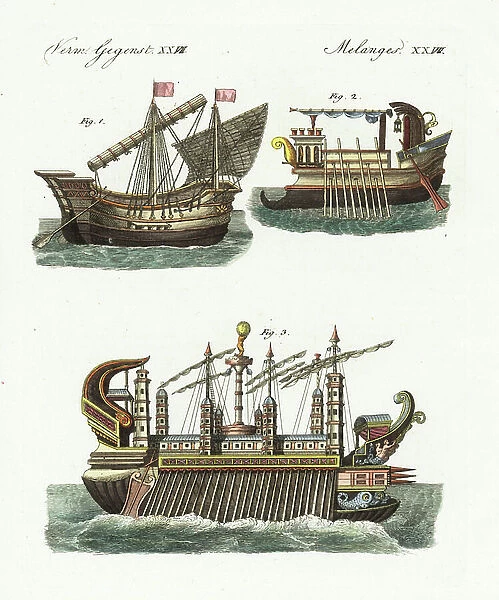 Ancient ships: Phoenician merchant ship 1, ancient warship 2, and the floating castle of King Hiero of Syracuse, Sicily, designed by Archimedes 3. Handcoloured copperplate engraving from Bertuch's ' Bilderbuch fur Kinder'