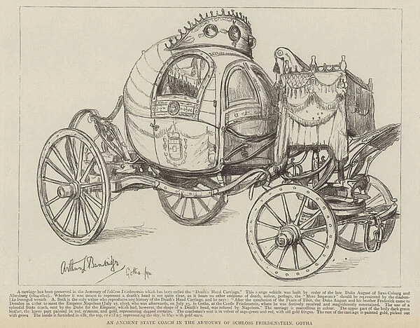 An ancient state coach in the armoury of Schloss Friedenstein (engraving)