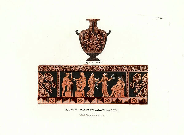 Ancient vase in the British Museum. Vase in red clay with black designs of mythological figures including Hercules, Mercury, etc. Handcoloured copperplate engraving by Henry Moses from A Collection of Antique Vases, Altars, etc., London, 1814