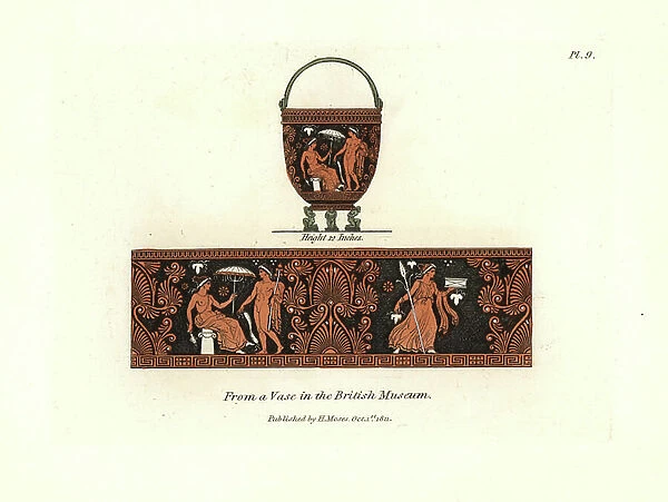 Ancient vase in the British Museum. Vases in red clay with black designs of mythological figures. Handcoloured copperplate engraving by Henry Moses from A Collection of Antique Vases, Altars, etc. London, 1814