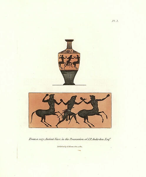 Ancient vase in the possession of J.P. Anderdon. Vase in red clay with black design of man in lionskin (Hercules) fighting centaurs. Handcoloured copperplate engraving by Henry Moses from A Collection of Antique Vases, Altars, etc. London, 1814