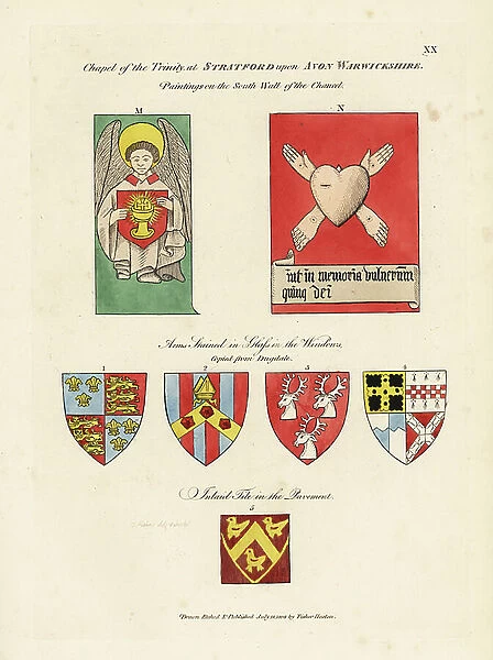 An angel holding a shield with chalice and wafer M, the five wounds of Christ N, and various heraldic shields. Paintings on the south wall of the Chancel