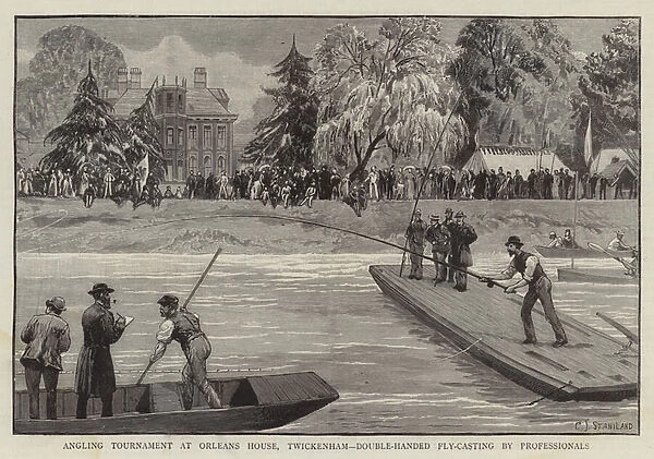 Angling Tournament at Orleans House, Twickenham, Double-Handed Fly-Casting by Professionals (engraving)
