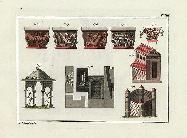 Anglo Saxon capitals 88-92, gate with arches 93, house 94, castle 95, and castle details 96. Handcoloured copperplate engraving by Paul Weindl from Robert von Spalart's ' Historical Picture of the Costumes of the Principal People of Antiquity