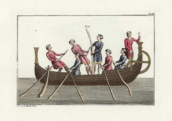 Anglo Saxon ship from the era before the Norman invasion, 11th century. Handcoloured copperplate engraving by Paul Weindl from Robert von Spalart's ' Historical Picture of the Costumes of the Principal People of Antiquity
