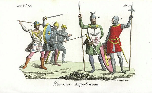 Anglo-Saxon warrior chief in tunic and conical helmet 1, Anglo-Danish soldiers in chainmail armour 2, the knight Sir Hugh Bardulf in chainmail armour 13th century 3, and a Scottish knight with coat of arms 4