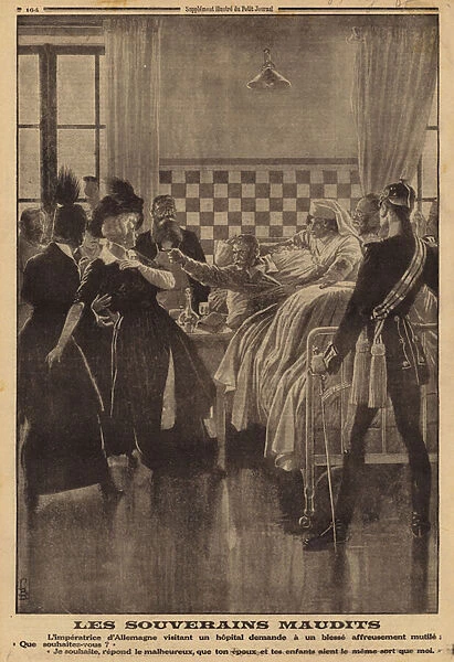 Angry reaction of a wounded soldier in hospital to a visit from Empress Augusta Victoria, World War I, 1915 (litho)