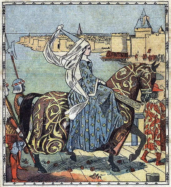 Anne, Duchess of Brittany (Anne of Brittany, 1477-1514), arrives at the castle of 'Who grunts' which she had built at the entrance of Saint Malo (Saint-Malo). Illustration from the painting by Louis Roger in ' le Pelerin' of 21 August 1932