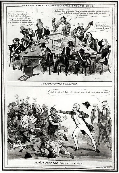 Anti-Trades Union cartoon showing a meeting of a Trades Union Committee, top, and the Duke of Wellington putting down the Trade Unions. London c1833