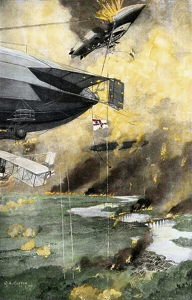 Anticipation: Air battles of the future as imagined in 1909, using modern air transport vehicles and defensive weaponry: airship, biplane, anti-aircraft fire and bomb. Colourful reproduction (Halftone) of a drawing by G.A. Coffin