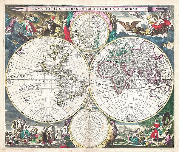 Antique Double-Hemisphere World Map, 1686 (coloured coloured engraving