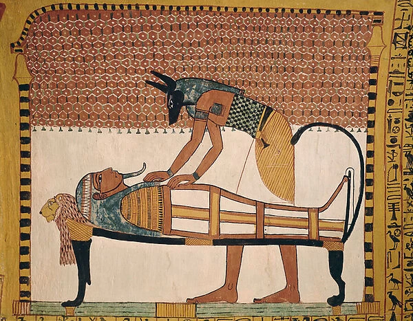 Anubis attends Sennedjems Mummy, from the Tomb of Sennedjem