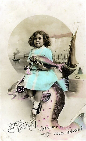 April Fool Day card, little girl with a fish, c.1900 (photomontage)