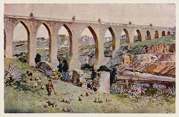 Aques Livres Aqueduct, Lisbon (colour litho)