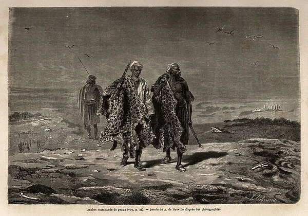 Arab bedouins, panthere skins and sheep wool merchants, en route to the march of Baghdad