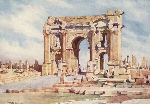 The Arch of Trajan, Timgad (colour litho)