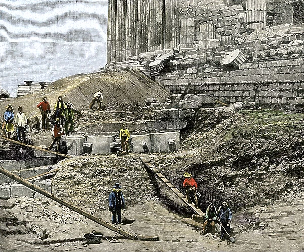 Archeology: Archeological excavations on the site of the Acropolis of Athenes, 1890s. Colour engraving of the 19th century