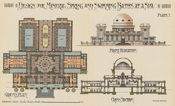 Architectural drawings for a mineral spring and swimming baths at a spa (colour litho)