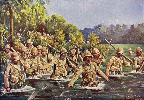 Argyll and Sutherland Highlanders crossing the Modder River, 1899 (colour litho)