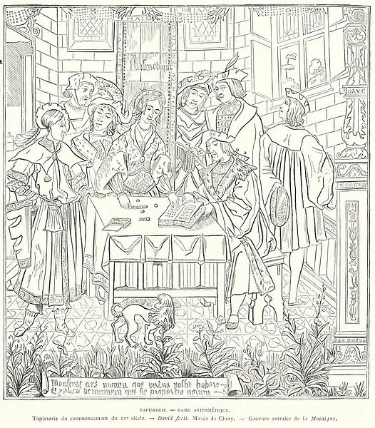 Arithmetic, French tapestry, early 15th Century (engraving)