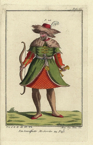 Armed Muscovite on football, 16th century. Handcolored copperplate engraving from Robert von Spalart's ' Historical Picture of the Costumes of the Peoples of Antiquity, the Middle Ages and the New Era, ' written by Leopold Ziegelhauser, Vienna