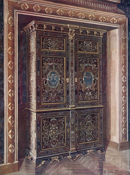 Armoire in Ebony with Inlays of Engraved Brass and White Metal. Chased Ormolu Mountings. The Royal Monogram of Ls Reversed within the Turquoise Blue Oval Medallions. Boulle. Designed by Jean Berain