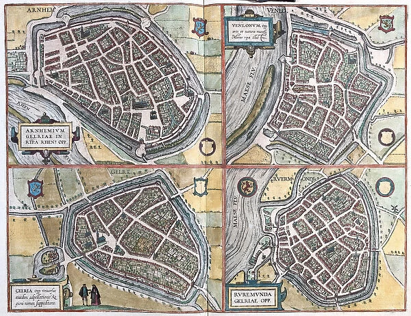 Arnhem and Venlo, Netherlands - Geldern, Germany and Ruermonde, Netherlands (engraving