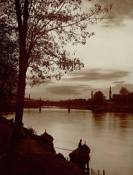Arno river with the 'iron bridge' (later St. Nicholas), Florence; in the background the tower of the Palazzo Vecchio and the bell tower of Santa Croce