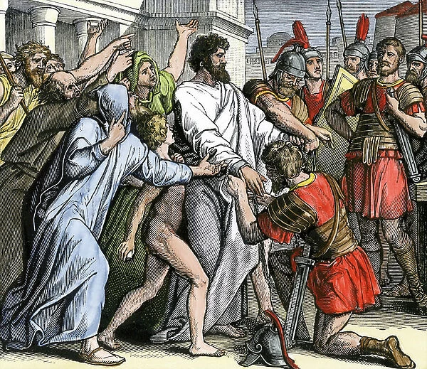 The arrest of Apostle Paul in Jerusalem, to be sent to prison in Caesarea, Israel. Colour engraving of the 19th century