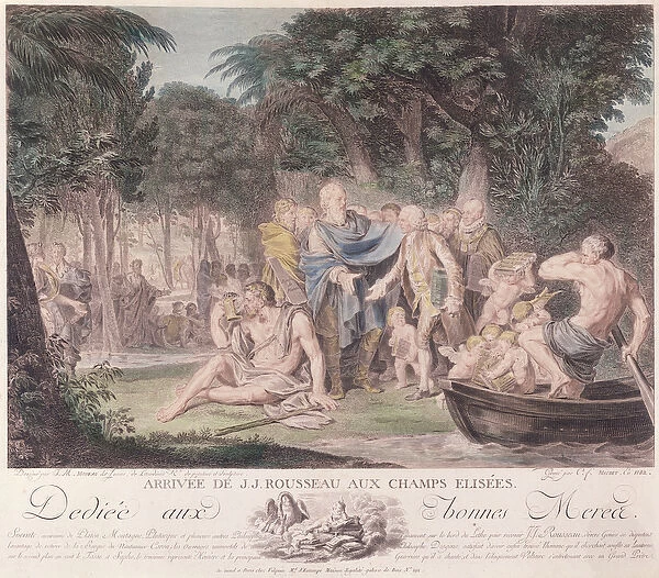 Arrival of Jean-Jacques Rousseau (1712-78) in the Elysian Fields, 1782 (colour engraving)