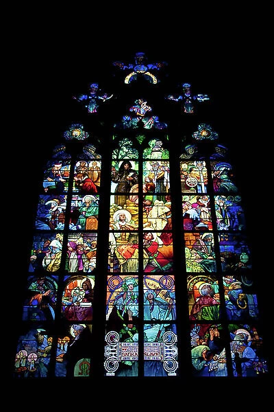 Art Nouveau Stained-Glass Window With the Scenes of the Christianization of the Czech Lands in the New Archbishopric Chapel of St. Vitus Cathedral, Prague, Czech Republic (photo)